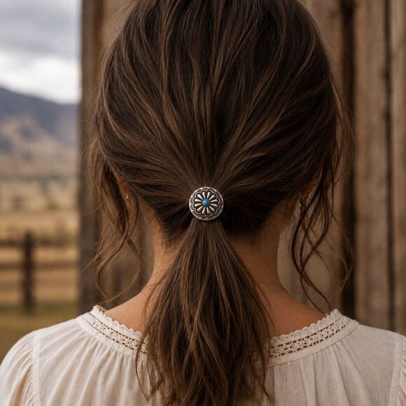 Western Concho Hair Tie – Navajo Indian Style Medallion with Turquoise Accent main image 4